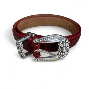 Vintage Brighton red croc embossed belt with floral & heart silver details